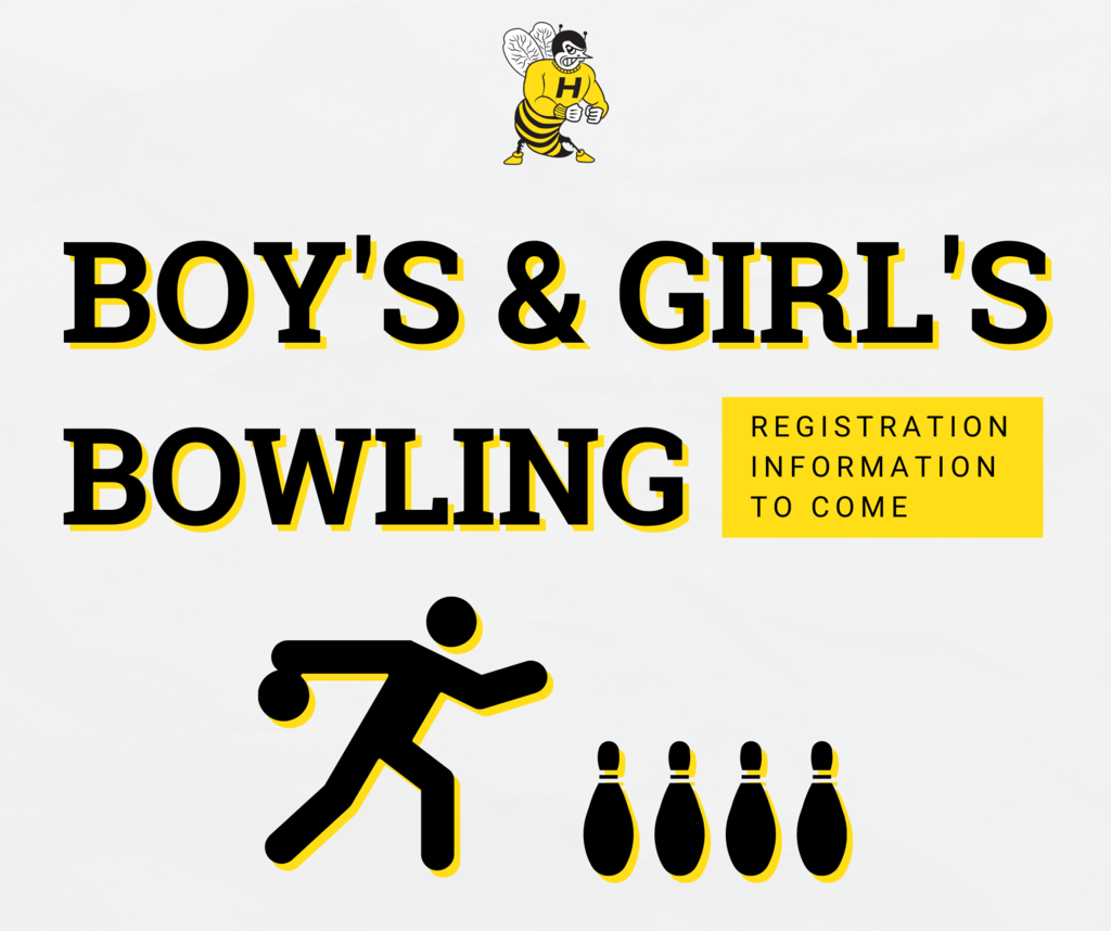 Large black text: Boy's & Girl's Bowling; Smaller yellow box with black text: "Registration information to come"; black icon of person bowling